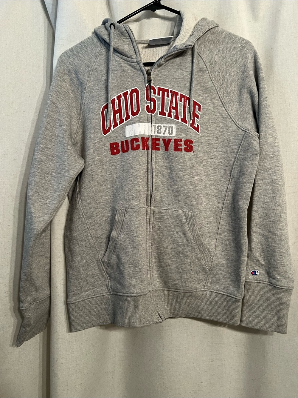 Champion Gray Full-Zip Ohio State Buckeyes Women’s Hoodie with Red Lettering